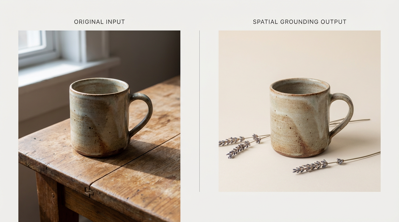 Before and after comparison — original input on the left, spatially grounded output on the right