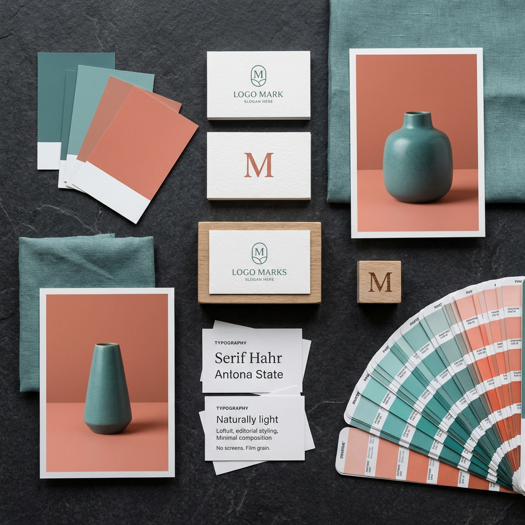 Brand identity elements — logos, colour swatches, typography specimens, and product photos arranged as a cohesive mood board