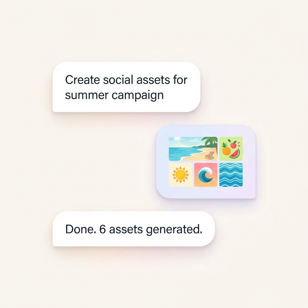 Clean chat interface showing a simple request to create social assets and an instant response with generated visuals
