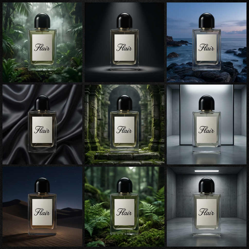 3x3 grid of identical perfume bottles automatically placed across nine different cinematic backgrounds