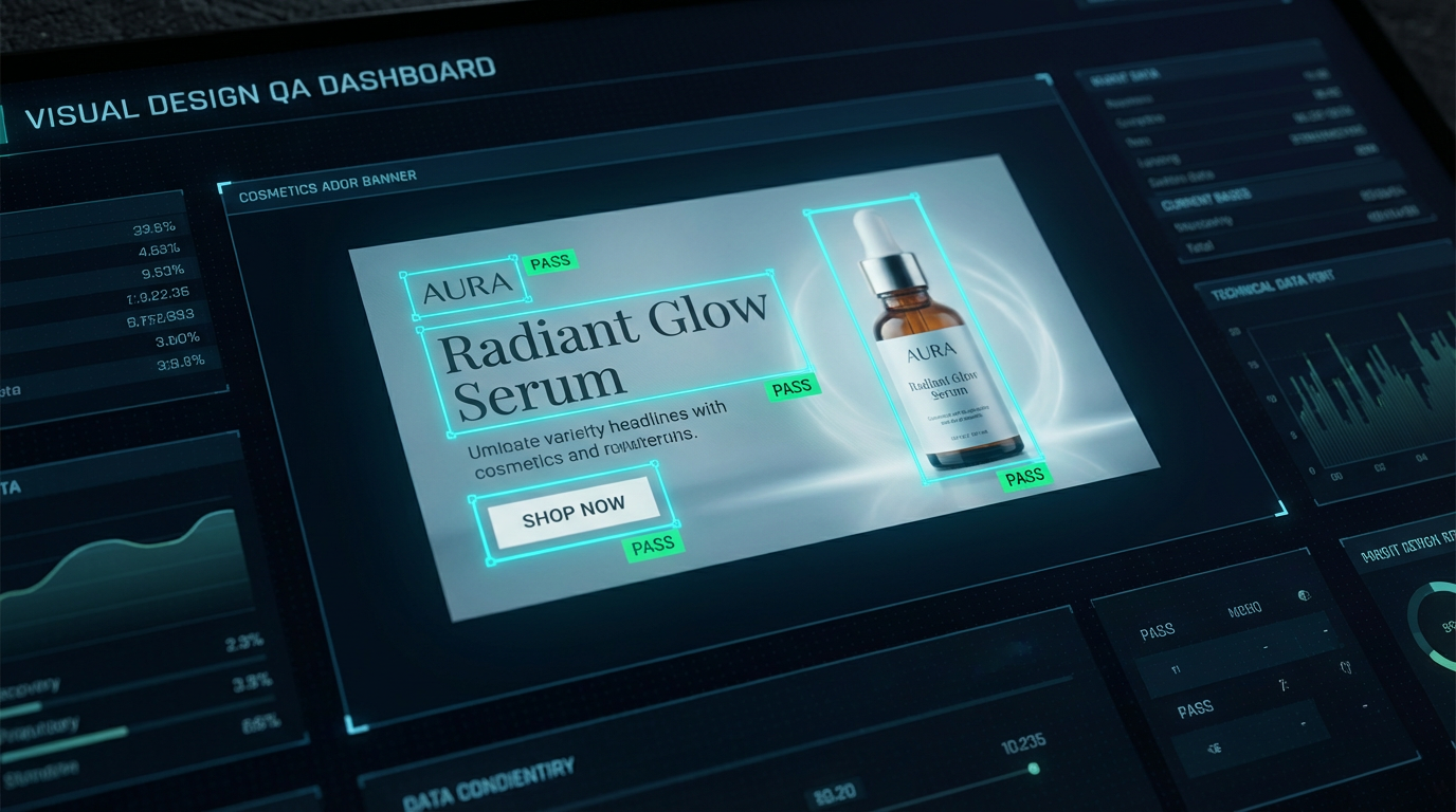 Visual QA dashboard showing bounding-box compliance checks on a marketing banner with Pass indicators